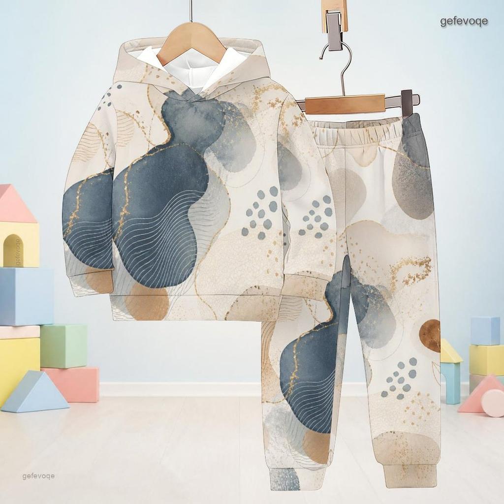 Kids Boys Girls Abstract Printed Hooded Long Sleeve Sweatshirt Cuffed Pants Two Piece Set