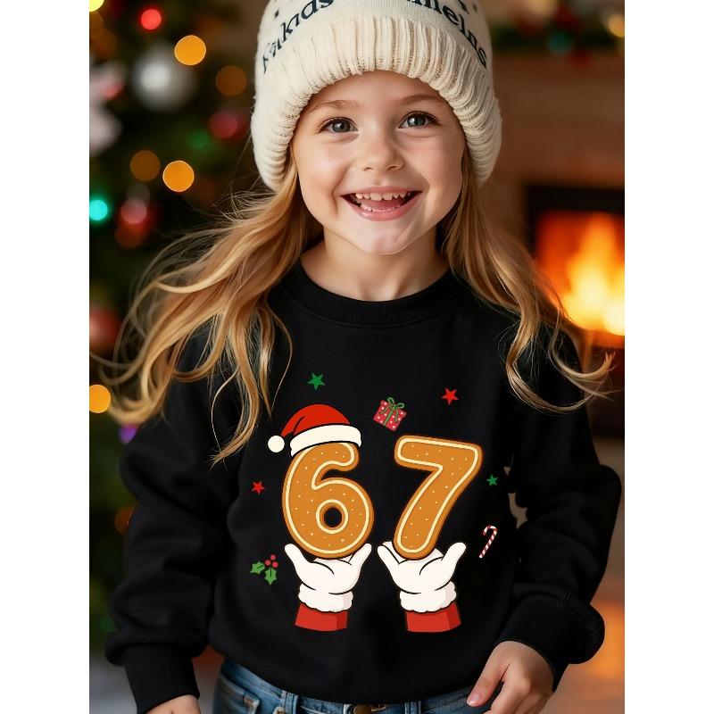 Kids Unisex Hot Crewneck Sweatshirt, Christmas Gingerbread 67 Santa Hand Gift Holly Print Pullover, Holiday Sweatshirt for Boys Girls Over 4 Years Old