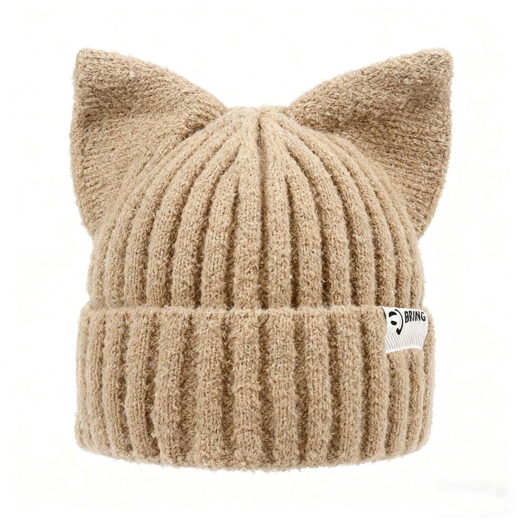 Women's Korean Fashion Cat Ear Wool Hat – Large Head Circumference, Knitted for Warmth, Shows Smaller Face, Perfect for Autumn & Winter