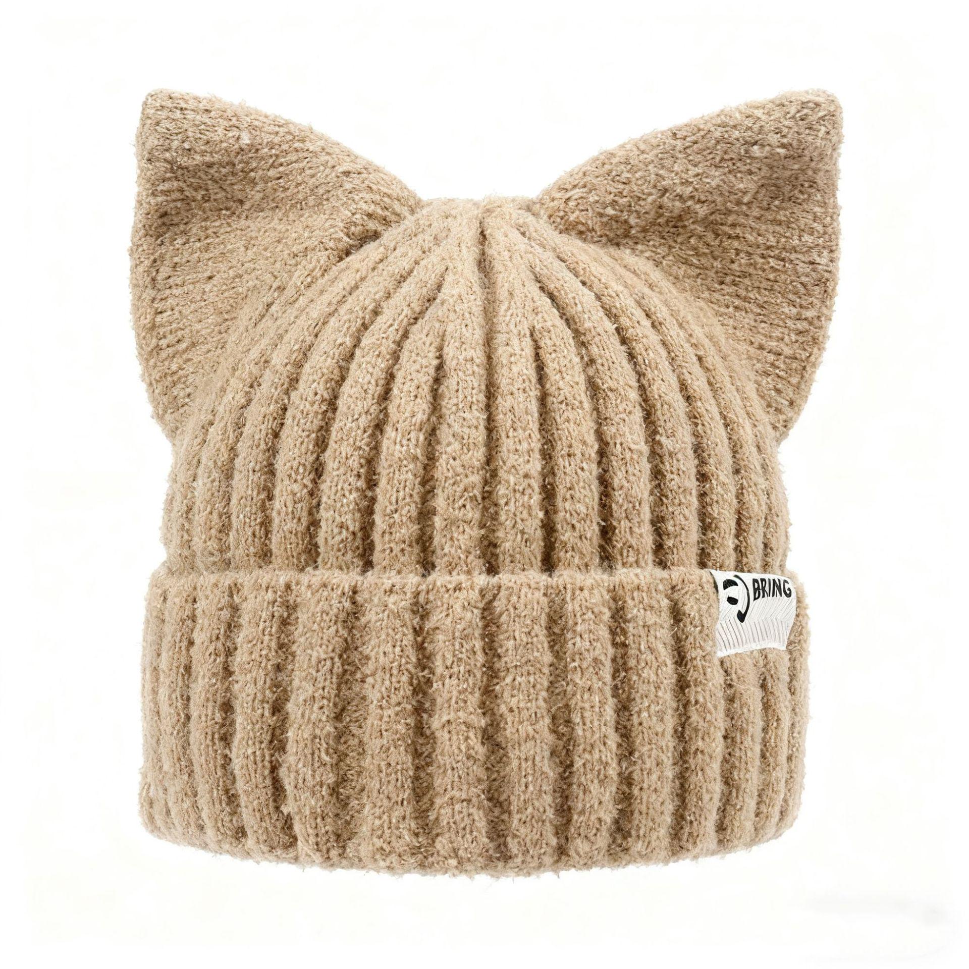 

Женская корейская модная шерстяная шапка с кошачьими ушками – Большой обхват головы, вязаная для тепла, визуально уменьшает лицо, идеально подходит для осени и зимы One Size