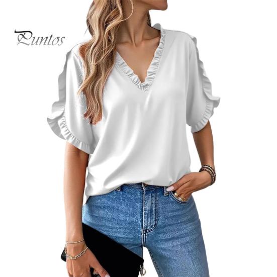 Damen T-Shirt V-Ausschnitt Rüschenbesatz Patchwork Blütenblattärmel Einfarbig Oberteile Lockerer Schnitt T-Shirt Lässig Büro Reisehemd