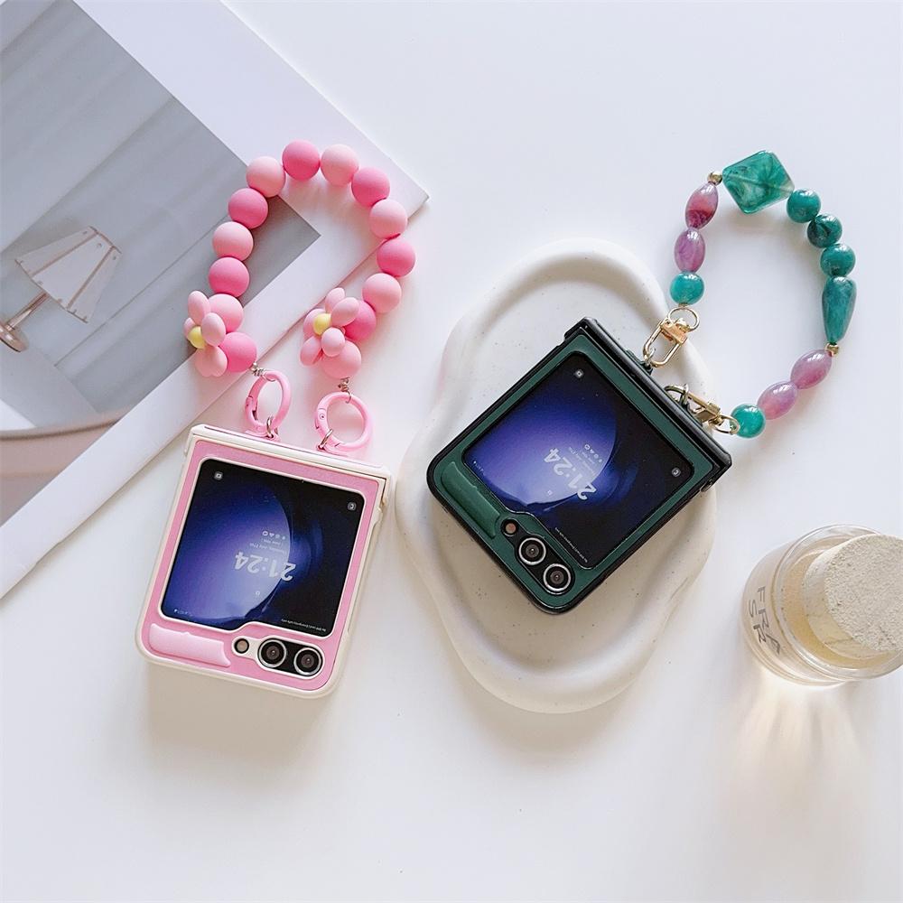 Phone Case with Hinge Protection & Beads Wrist Strap Bracelet For Samsung Galaxy Z Flip 6 5 4 3 5G Hard Plastic PU Leather Cover