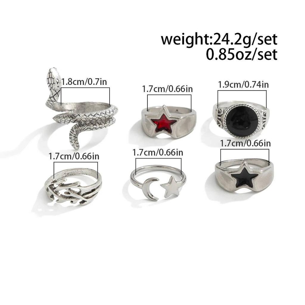 Salircon 6Pcs/set Gothic Snake Open Rings for Men Punk Creative Irregular Stars Adjustable Finger Ring Jewelry Halloween Gifts