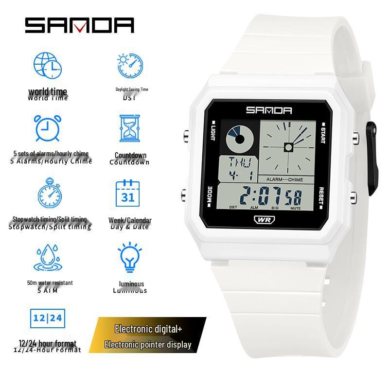 Sanda Multifunctional Waterproof Luminous Electronic Watch with World Time & Alarm - Ideal for Students