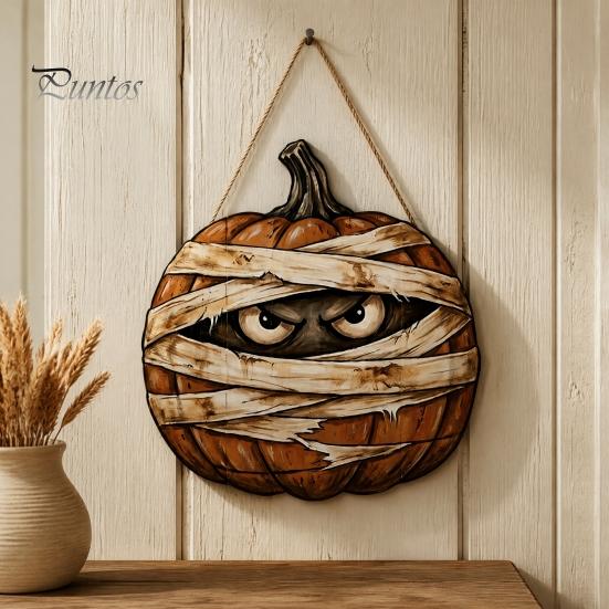 Decorative Hanging Party Sign Halloween Mummy Pumpkin Sign, Retro Wooden Pendant with Poplar Wood Holiday Plaque Hemp Rope for Front Door Wall