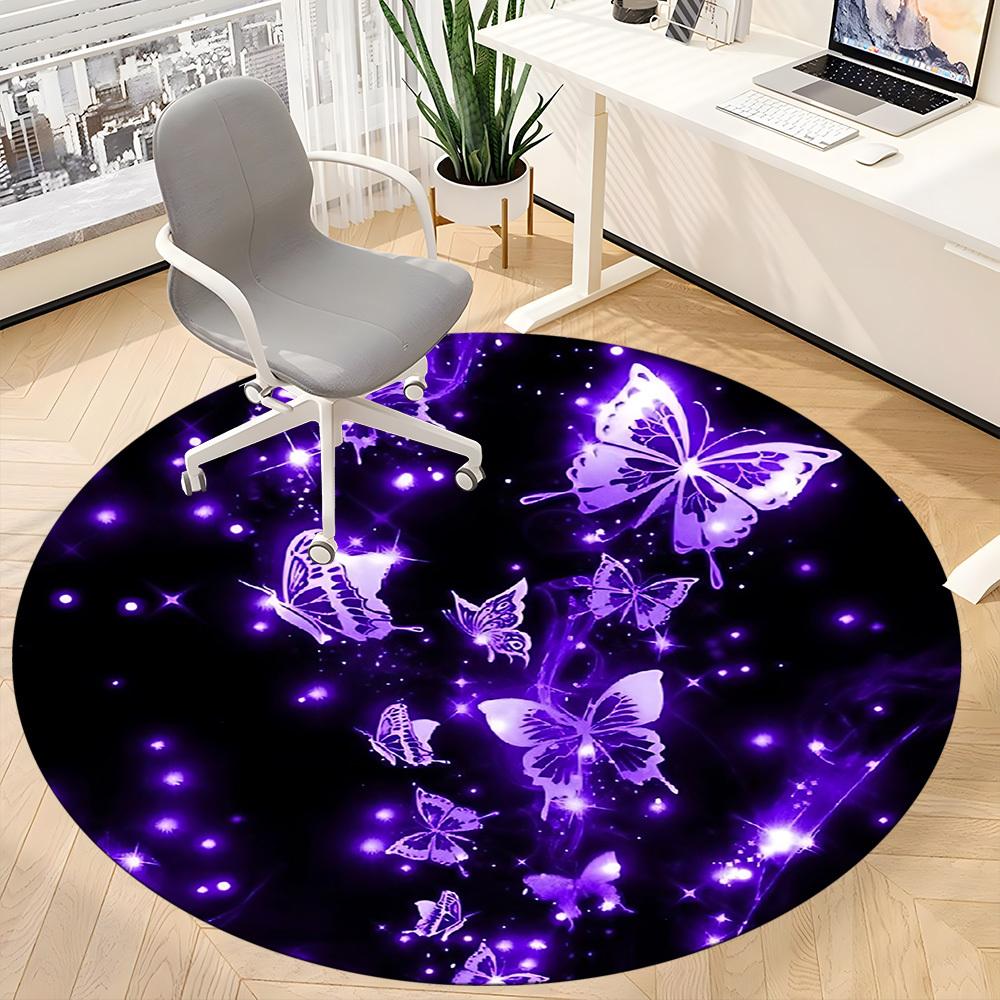 1pc Butterfly Purple Glitter Chair Carpet for Office, Round Non Slip Durable Large Size Office Carpet, Suitable for Office