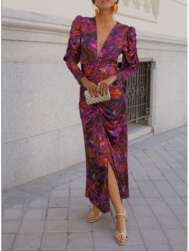2025 Spring European & American Women's V-neck Print Pleated Dress