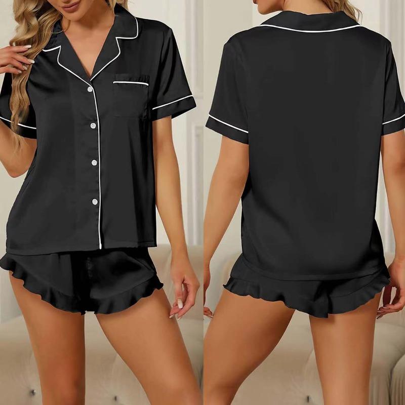 Summer Women's Pajama Set Satin Short Sleeve Lapel Tops with Shorts Sleepwear 2 Piece Loungewear Nightwear Home Clothes