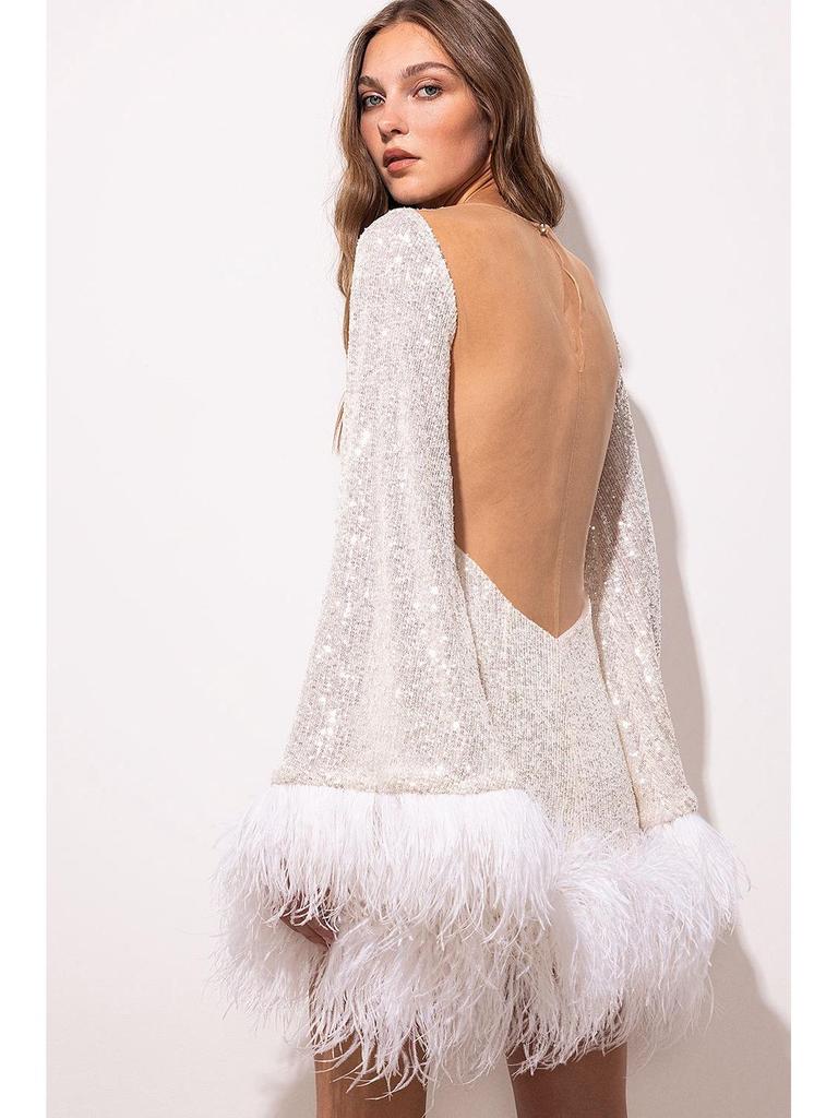 Autumn Sequin Feather Long Sleeve Backless Evening Dress - Waist-Cinching Short Skirt Design for Women