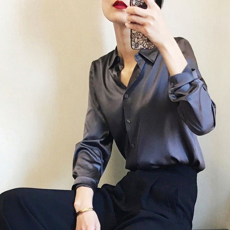 Fashion Spring Autumn Satin Face Shirts Women Turn-down Collar Solid Single Breasted Long Sleeve Temperament Office Lady Blouses