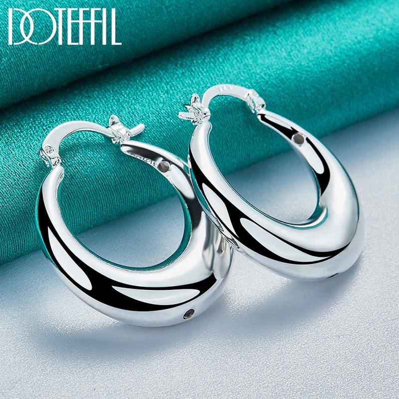 925 Sterling Silver Round Smooth U-shaped Large Ring Earrings Fashion Jewelry