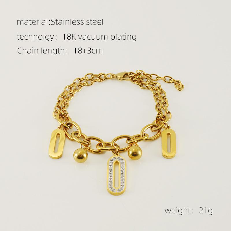 18K Gold-Plated Stainless Steel Double-Layer Oval Diamond Bracelet for Women - Niche Fashion Stackable Jewelry.