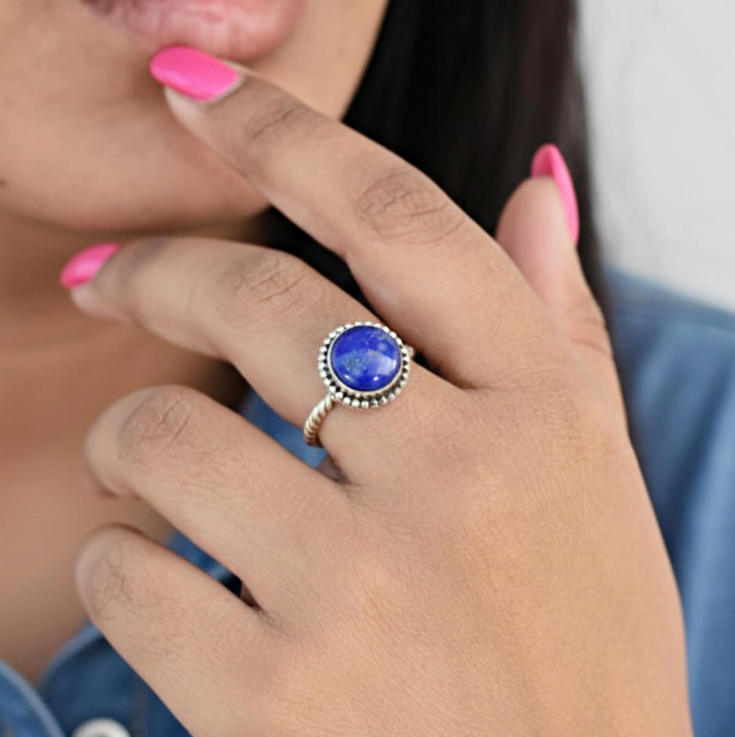 

Lapis Lazuli Round Stacking Ring, 925 Sterling Silver, Minimalist Lapis Statement Ring, Everyday Wear Ring for Women 12 срібний