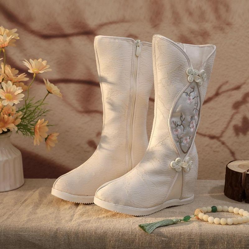 Winter Warm Mid-Calf Boots for Women Slip On Faux Fur Lining Embroidered Snow Booties Women's Comfortable Fleece Lined Side Zipper Walking Boots Shoes