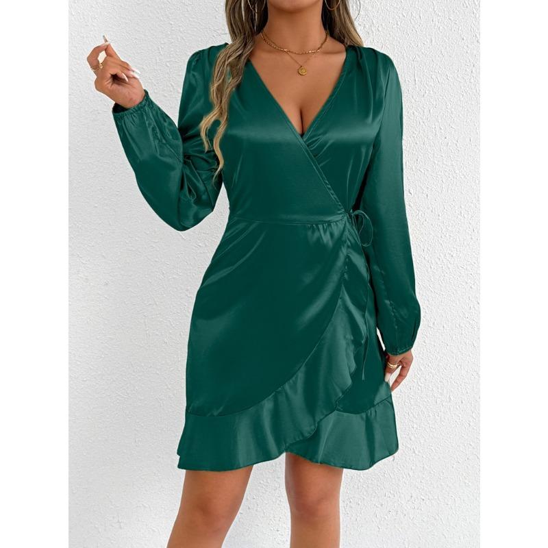 Women Satin Royal Blue Wrap V Neck Ruffle Hem Long Sleeve Mini Dress