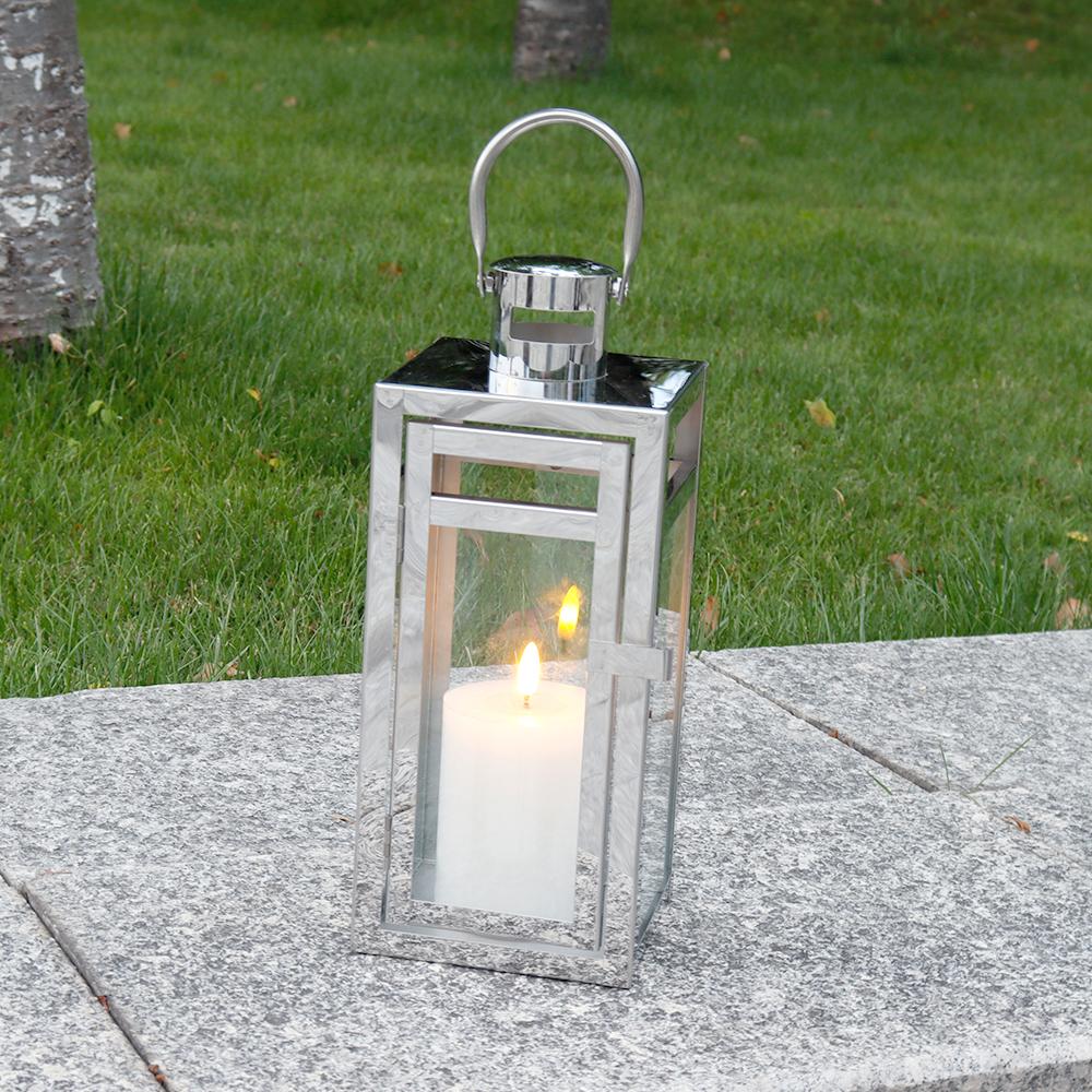 Silver Stainless Lanterns Hanging Candle Lantern Metal Candleholder with Tempered Glass for Home Wedding Decor