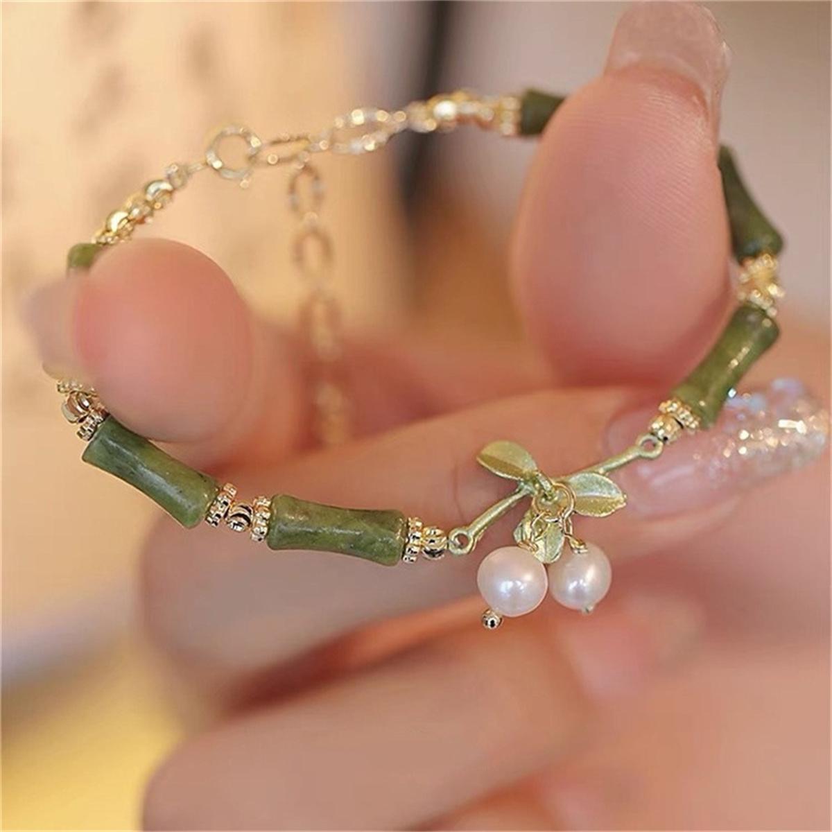 Chinese Style Green Bamboo Joint Beaded Bracelet For Women Retro Leaves Tassel Flower Imitation Pearl Beads Bangle Charm Jewelry