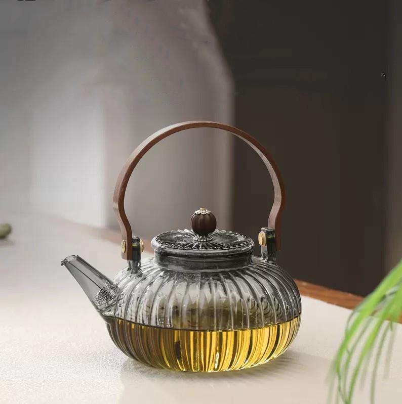 High-Temperature Resistant Pumpkin Glass Tea Set with Striped Design and Tea Infuser