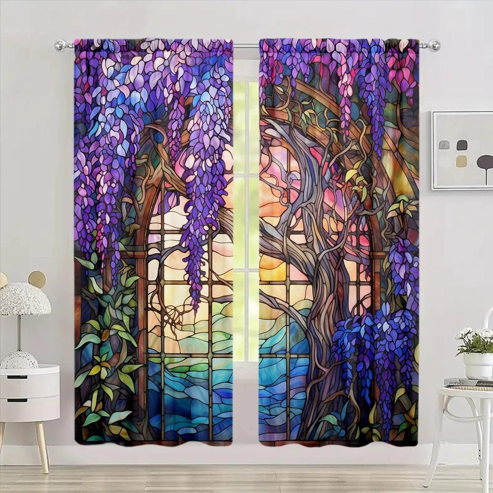 2pcs Stained Glass Wisteria Flower Printed Curtain for Home Decor Rod Pocket Window Treatment for Bedroom, Kitchen, Living Room
