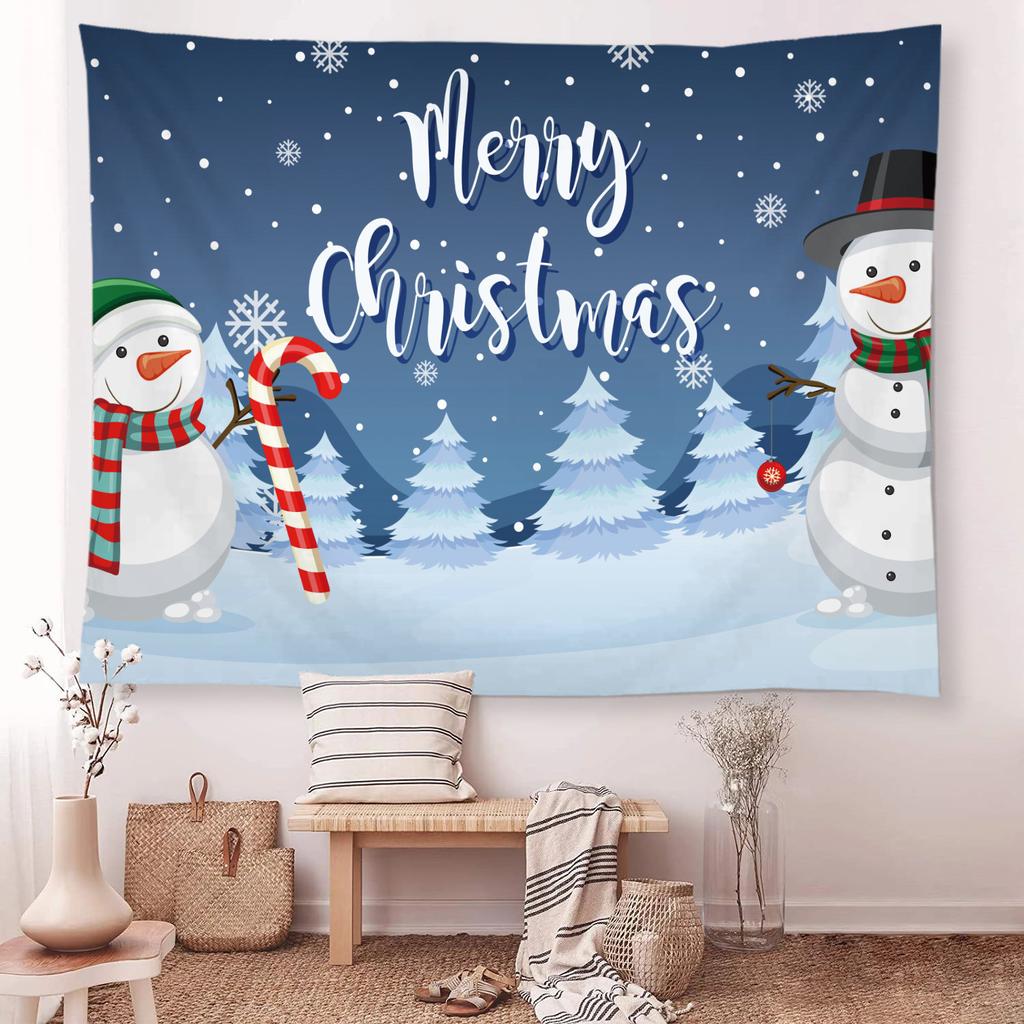 Snow Christmas Tree Fireplace Santa Claus Print Tapestry Wall Hanging Background Cloth Decor Christmas Home Room Wall Decoration