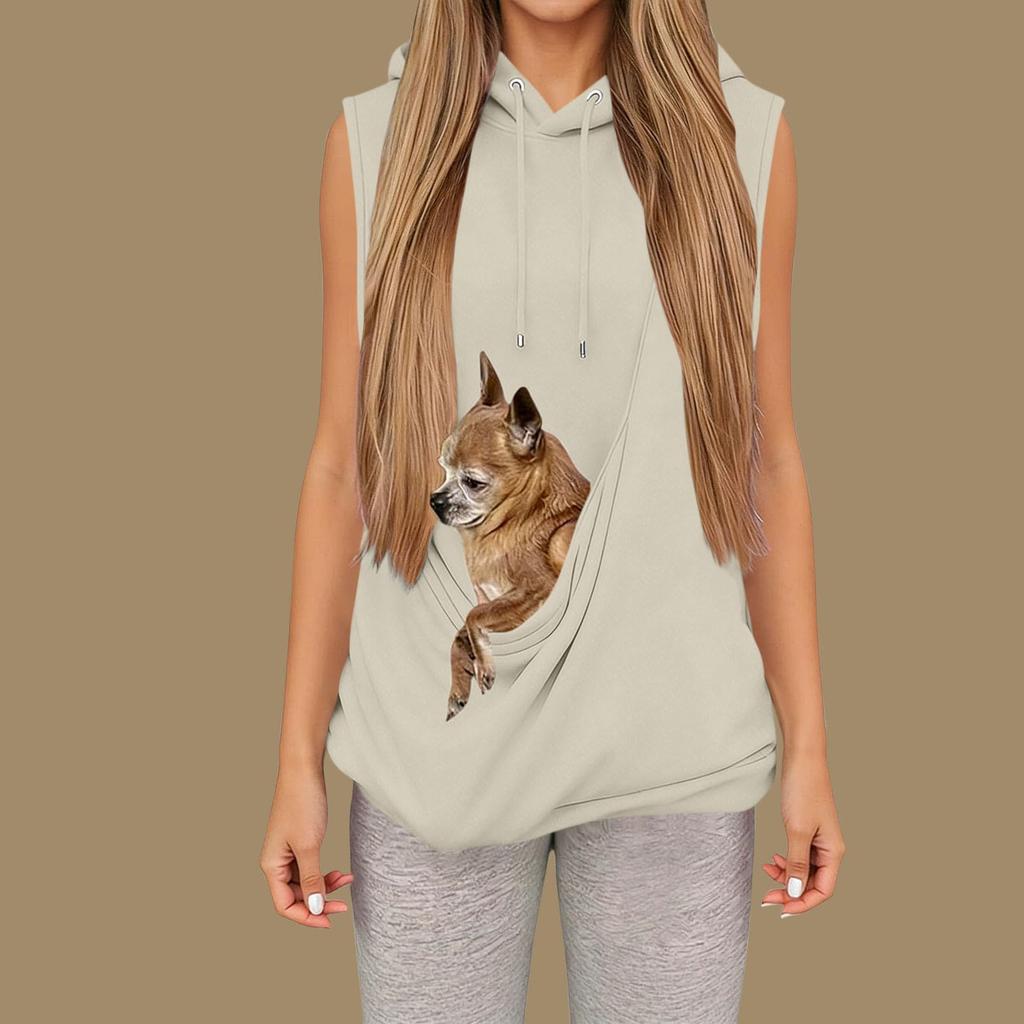 Sweat à capuche sans manches avec poche avant pour animal de compagnie Pull Sweatshirt pour femmes Léger Décontracté Porte-animal de compagnie Haut pour petits chiens Chats