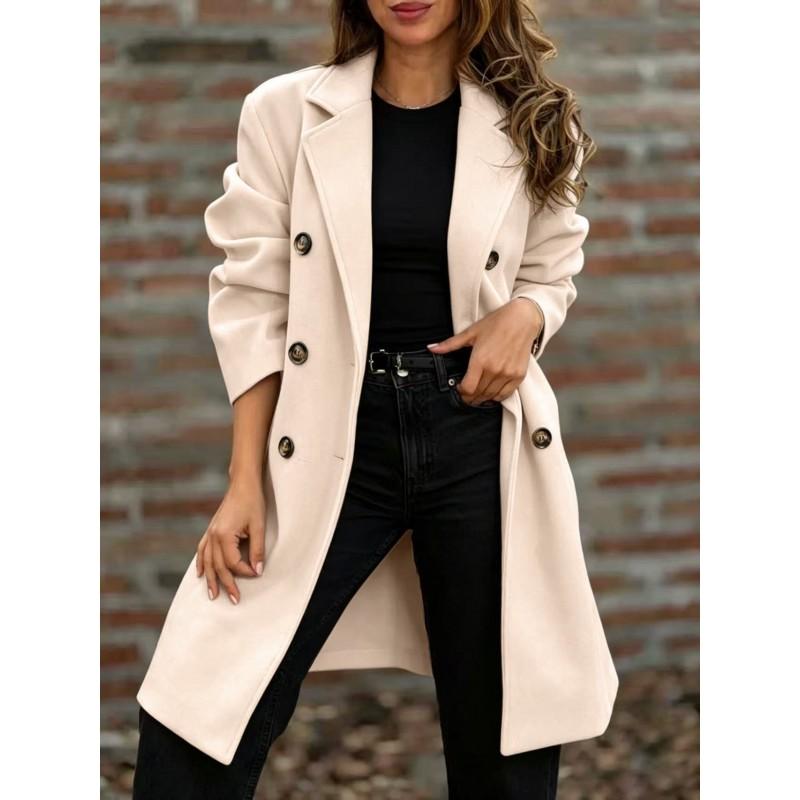 Womens Wool Blend Double-Breasted Notched Collar Long Coat Winter 2026 City Chic Outerwear