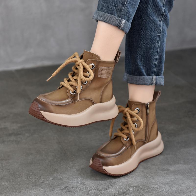 Fashion GKTINOO Women Boots Genuine Leather Sneakers 2024 New Lace-up Round Toe Women Handmade Retro Ankle Platform Boots