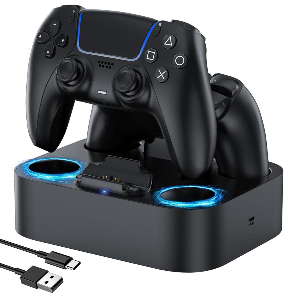 LVFAN PS5 Controller Charging PS5 Simultaneous Gamepad PS5 Peripheral Device with LED Integrated Base and Black Charger, Stand, Accessories, 2-Piece