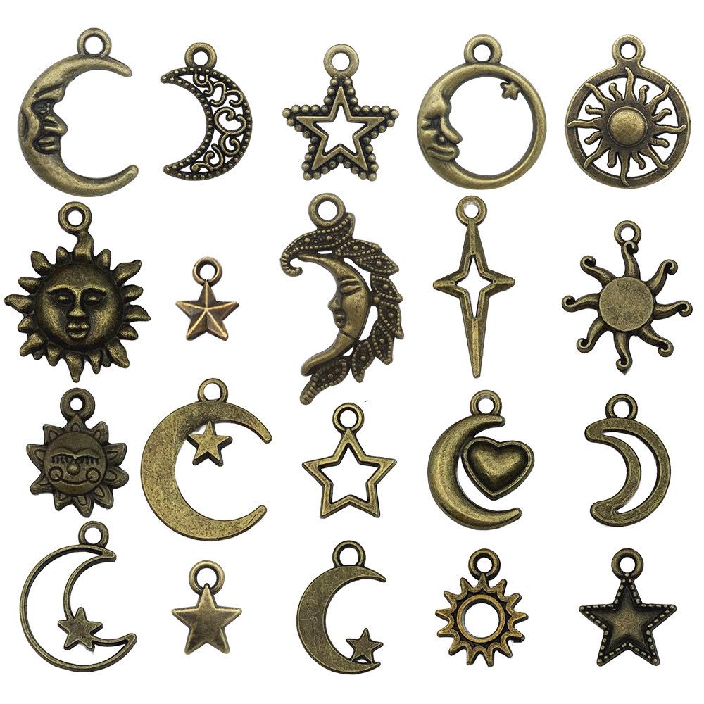 100-Piece Five-Color Alloy Sun, Moon, and Star Pendant Charms for DIY Jewelry