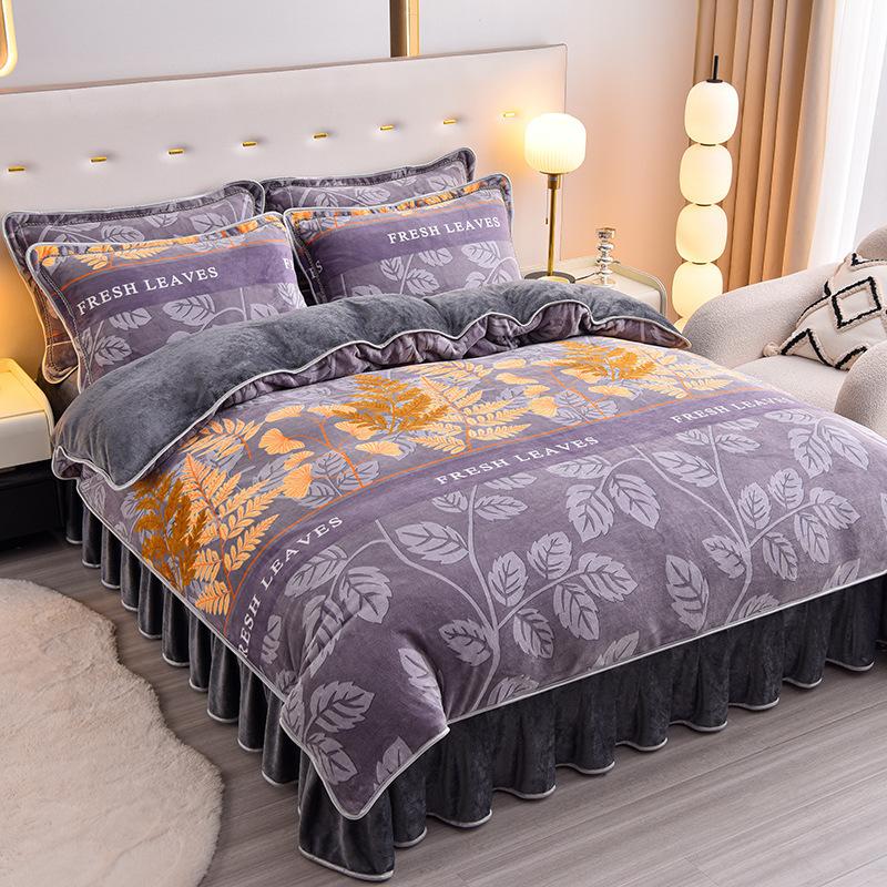 Thickened Milk Fleece Four-Piece Coral Fleece Quilt Cover, Bed Sheet Fleece Double-Sided Fleece Flannel Bedding, Bed Skirt