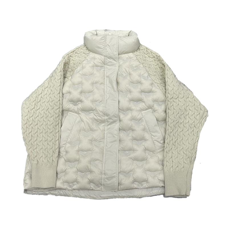 High-end rhombus pressed down jacket women's short winter fashion stand-up collar knitted sleeves spliced white duck down jacket