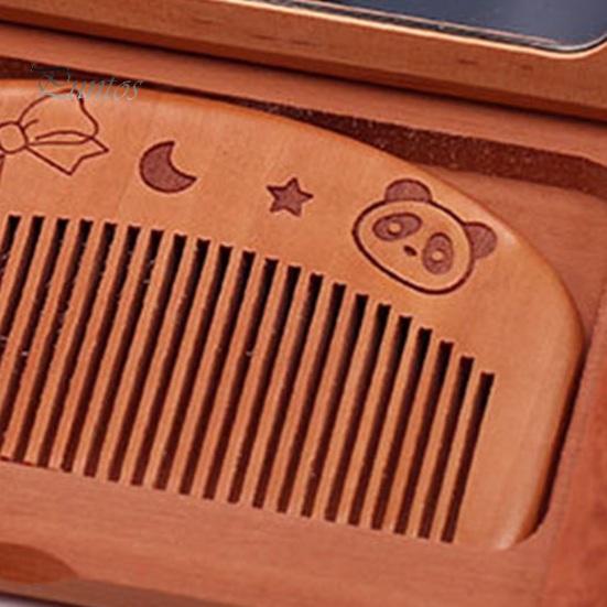 Mini Comb Mirror Set Compact Wood Pocket Mirror with Comb Portable Makeup Hairstyling Vanity Mirror with Wooden Comb