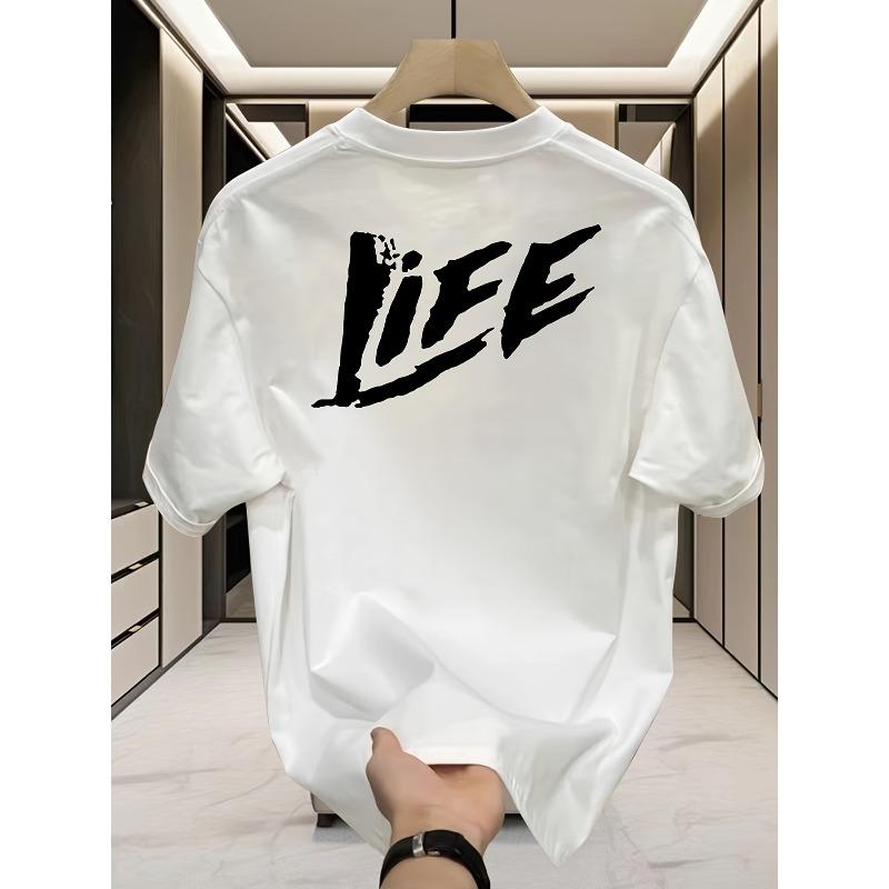 Men'S 100% Cotton Casual Crew Neck Short Sleeve T-Shirt, Trendy Summer Print Graphic Tee, Versatile Black Shirt with "LIFE" Design