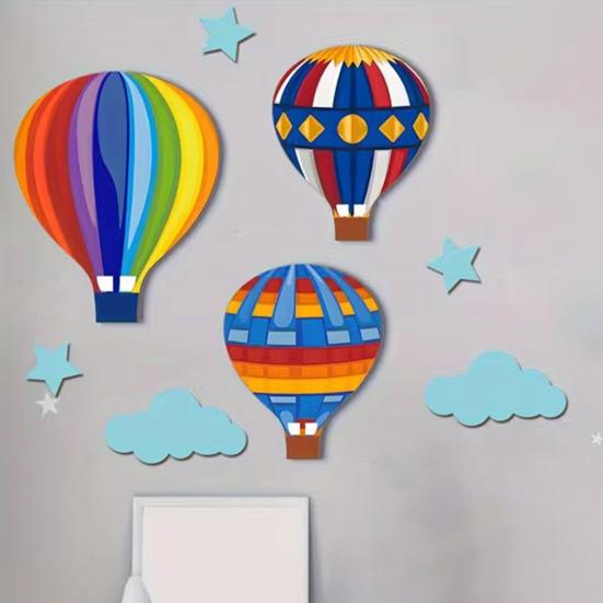 1 Set Wooden Hot Air Balloon Wall Decor Nursery Kids Room Wall Art Rustic Hanging Ornaments with Stars Clouds Design Baby Shower Birthday Gift
