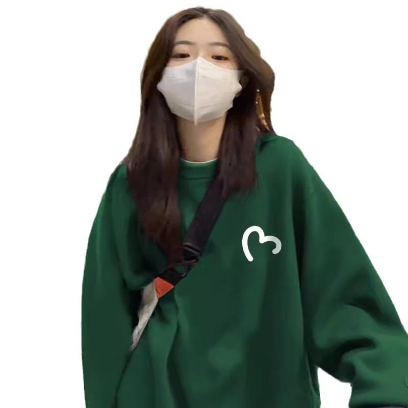 Women's Dark Green Round Neck Pullover Sweatshirt - 2024 Autumn Korean Style, Long Sleeve, Casual Design.