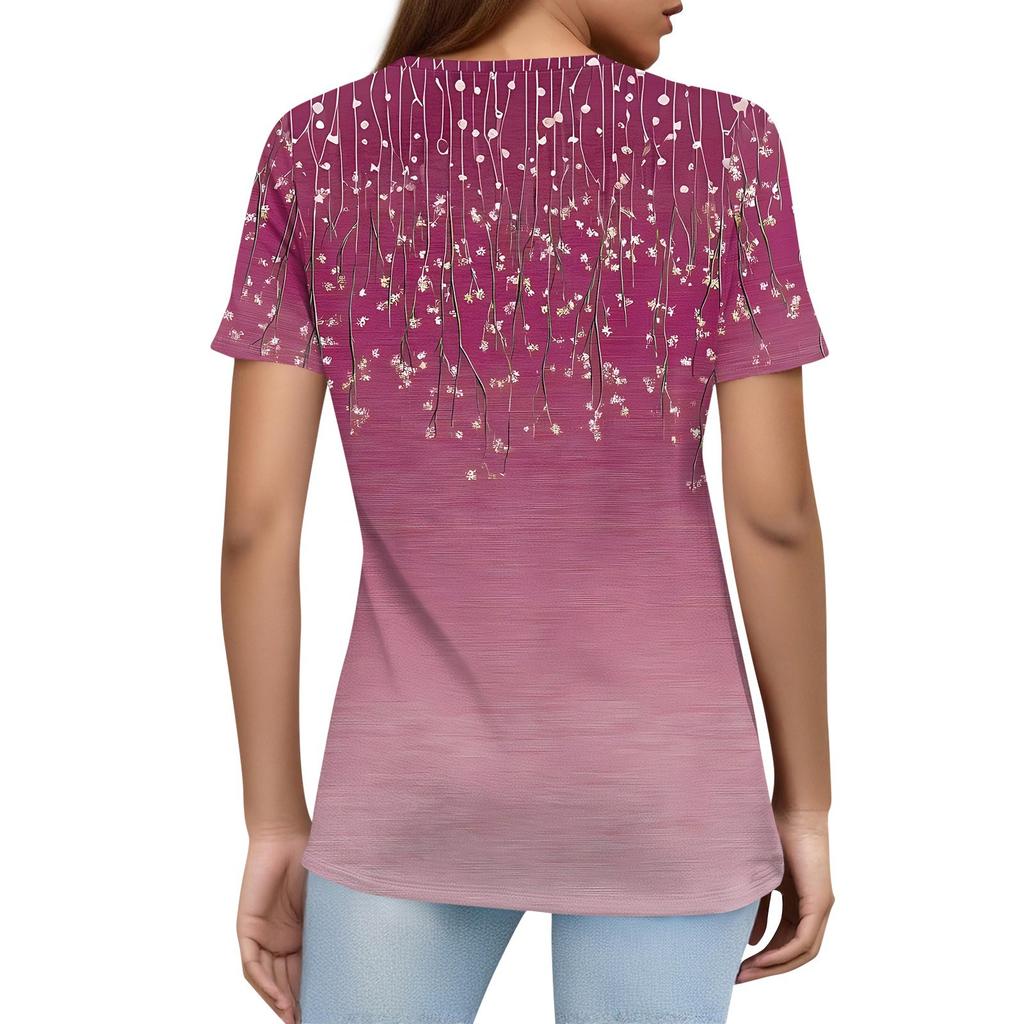 Damen T-Shirt mit Aufdruck und Knopfleiste, kurzärmelig, für den Alltag, Wochenendmode, Basic, V-Ausschnitt, normales Oberteil