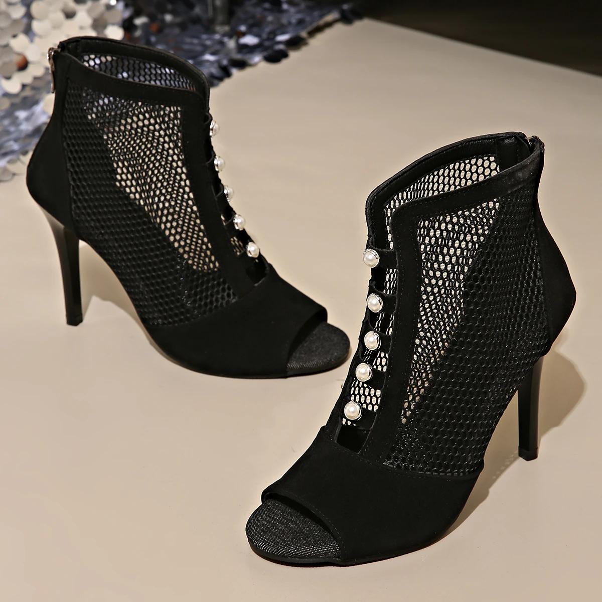 

Модные женские сандалии Летние сандалии на каблуке с перекрестной шнуровкой и открытым носком Сексуальные сандалии на высоком каблуке Сандалии из сетки с вырезами Женские туфли для танцев с ремешком на щиколотке Женские 35 чёрный