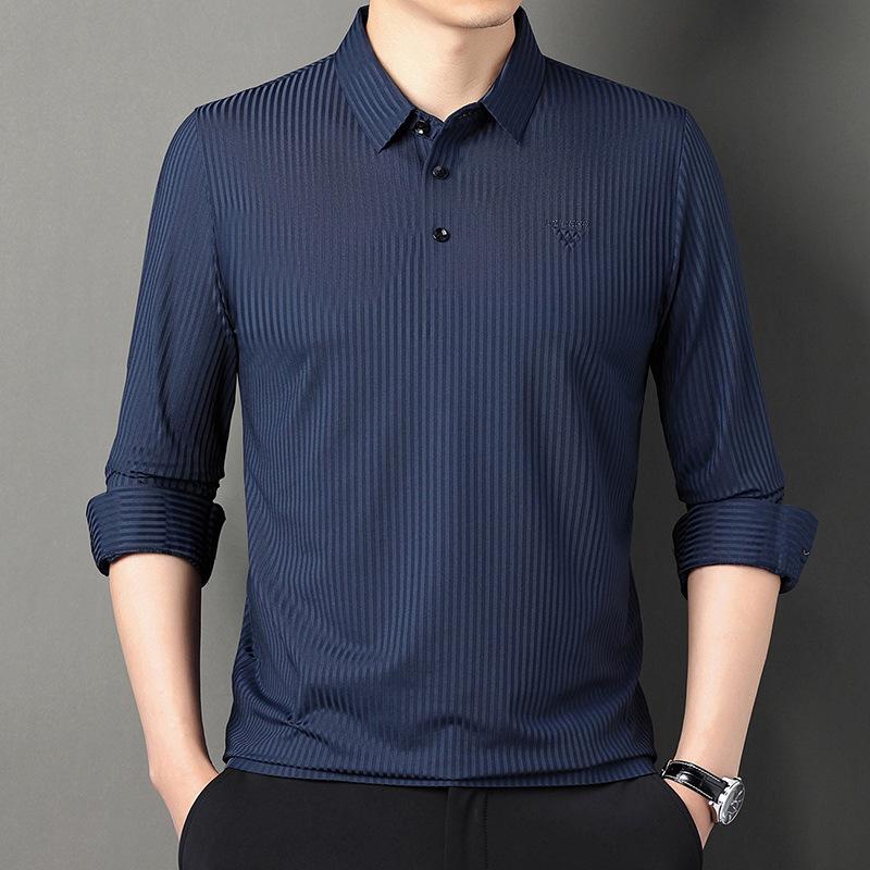 

Полосатая бесшовная футболка с длинными рукавами и лацканами, мужская повседневная свободная эластичная осенняя новинка для мужчин и женщин, деловой костюм для мужчин XXXXL