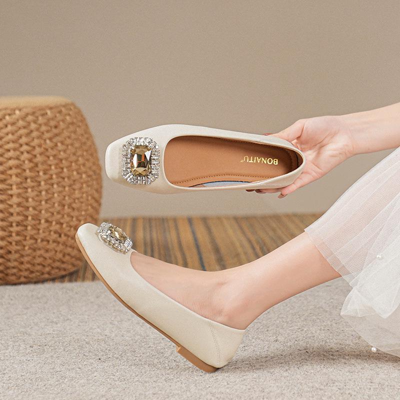 Women's Genuine Leather Slip-On Flats, Nude, Square Toe, Soft Sole, Plus Size, 2025 Edition