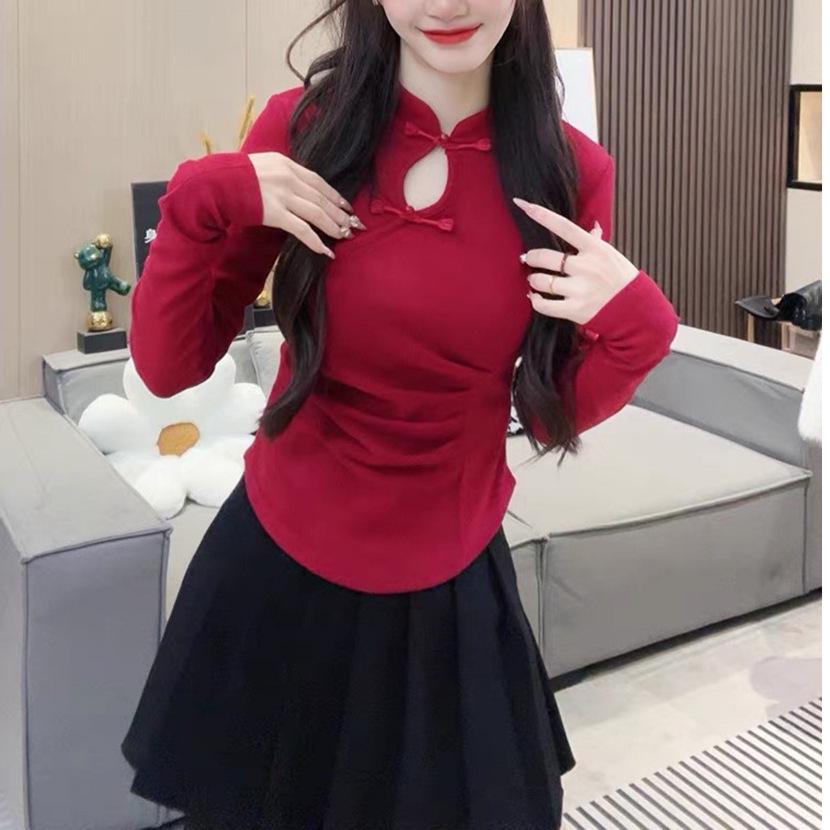

Women s Early Spring Chinese Style Stand Collar Frog Button Long Sleeve Slim Fit Shirt Large