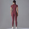 Solid Color Zipper High-Stretch Bodysuit with Short Sleeves and Full-Length Nine-Point Pants for Fitness and Yoga.