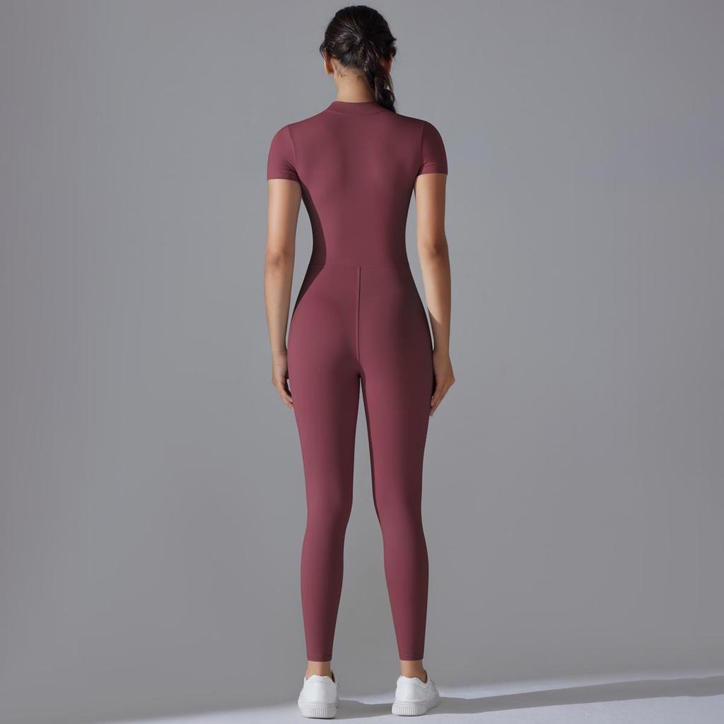 Solid Color Zipper High-Stretch Bodysuit with Short Sleeves and Full-Length Nine-Point Pants for Fitness and Yoga.