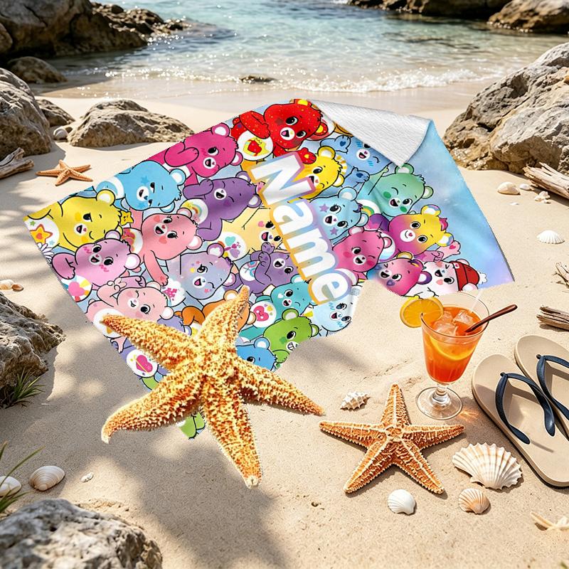 Custom Name Personalized Care Bears Print Beach Towel, for Trip Camping Beach Party Home Decor, Birthday Gift for Family & Friends
