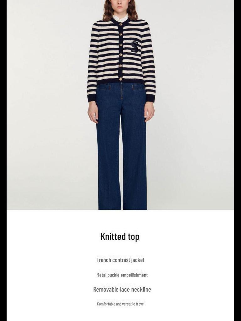 2023 Autumn/Winter Women's Striped Knitted Cardigan with Lotus Leaf Collar - Elegant Small Fragrance Style Wool Sweater