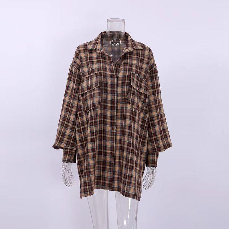 

Fashion Style New Arrival Plaid Retro Shirt Loose Long Sleeve Shirt Loose Sleeved Plaid Shirt Khaki M
