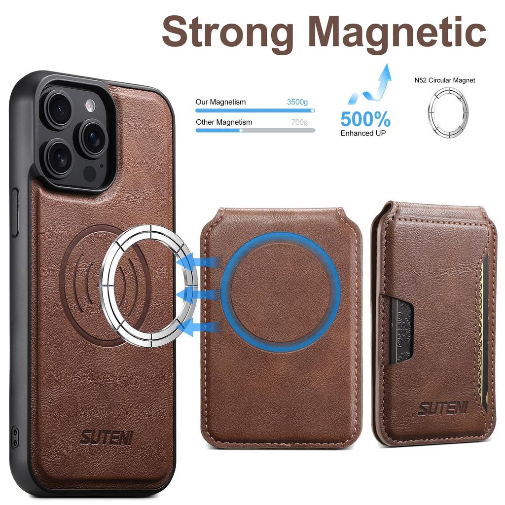 SUTENI M3 For iPhone 15 Pro Max Magnetic Case Cowhide Texture Leather Back Cover with Card Bag Kickstand
