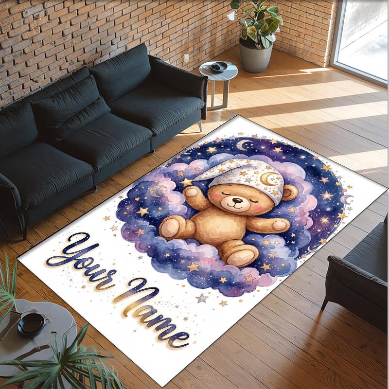 Teddy Bear Theme Crystal Velvet Rug Personalized Custom Name Text Soft Floor Mat Home Decor