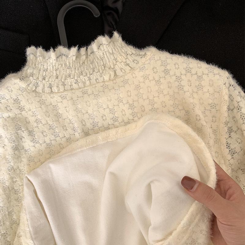 Dámská krajková košile s vysokým límcem ve větších velikostech - Zimní s fleecovou podšívkou, Dutý design, Vnitřní vrstva s počesem