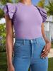 Women's Ruffle Short Sleeve Shirt Slim Fit High Neck Ribbed Knit Top