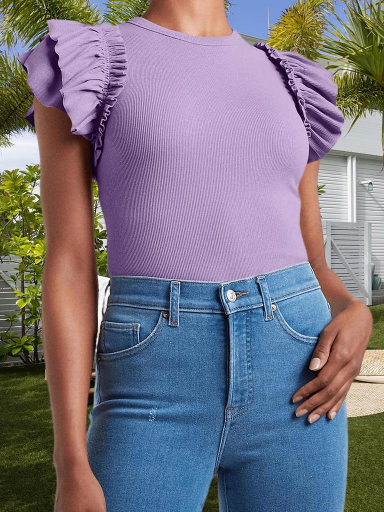 Women's Ruffle Short Sleeve Shirt Slim Fit High Neck Ribbed Knit Top
